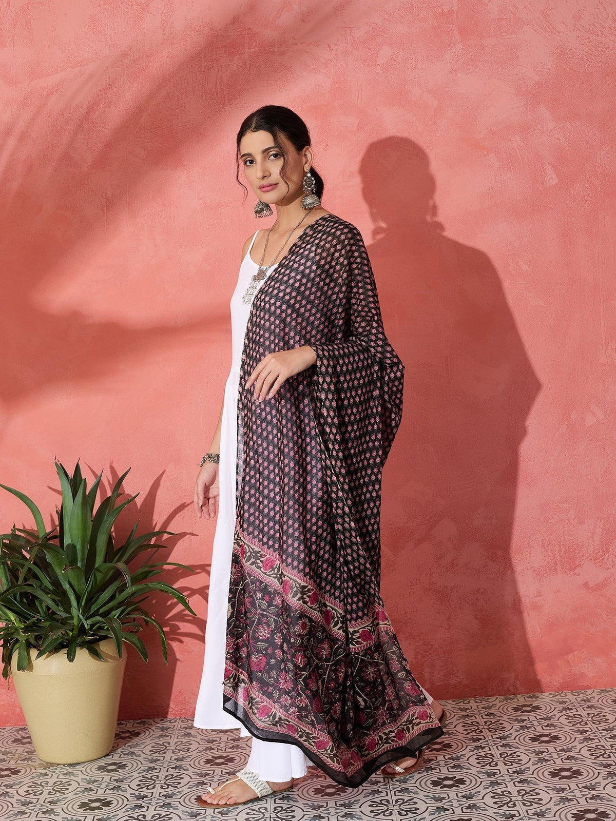 InWeave White Strappy Set With Black Pink Ethnic Print Cotton Dupatta | Grocsy