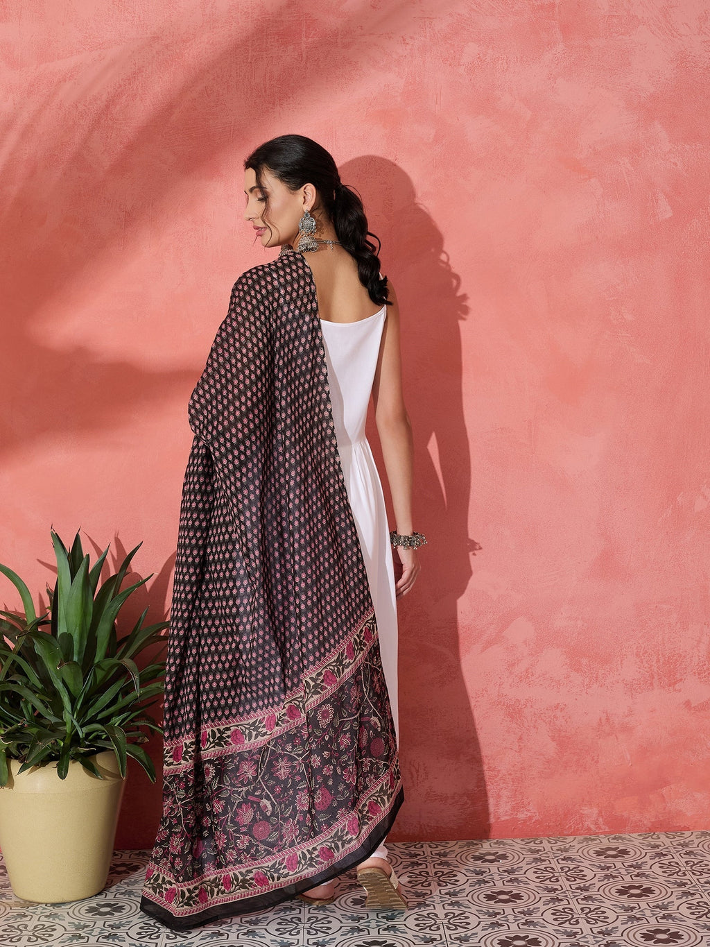 InWeave White Strappy Set With Black Pink Ethnic Print Cotton Dupatta | Grocsy