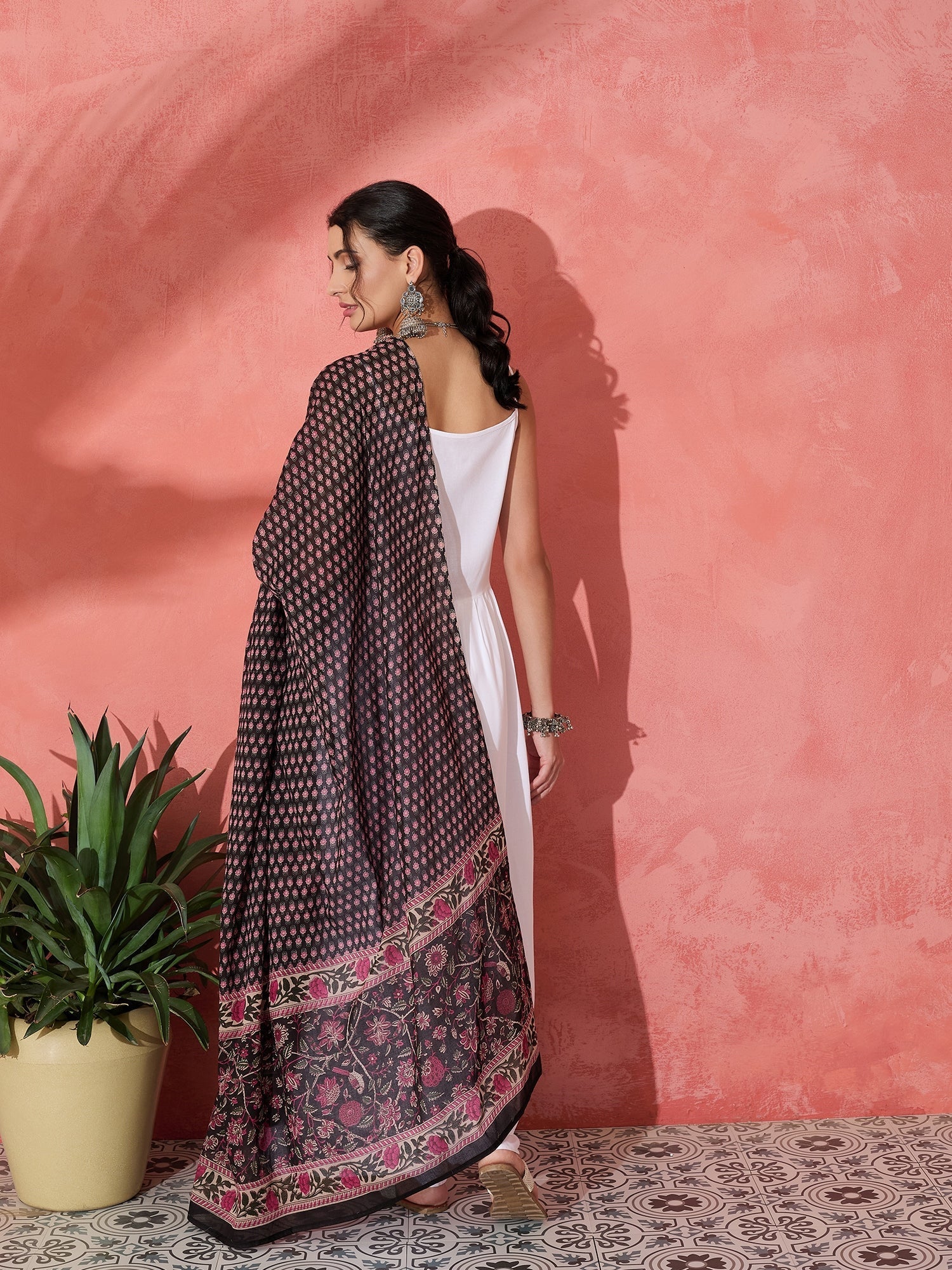 InWeave White Strappy Set With Black Pink Ethnic Print Cotton Dupatta | Grocsy