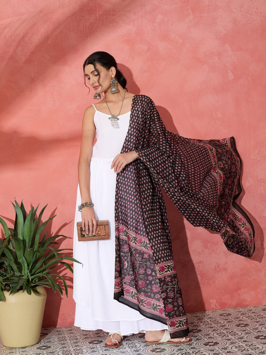 InWeave White Strappy Set With Black Pink Ethnic Print Cotton Dupatta | Grocsy