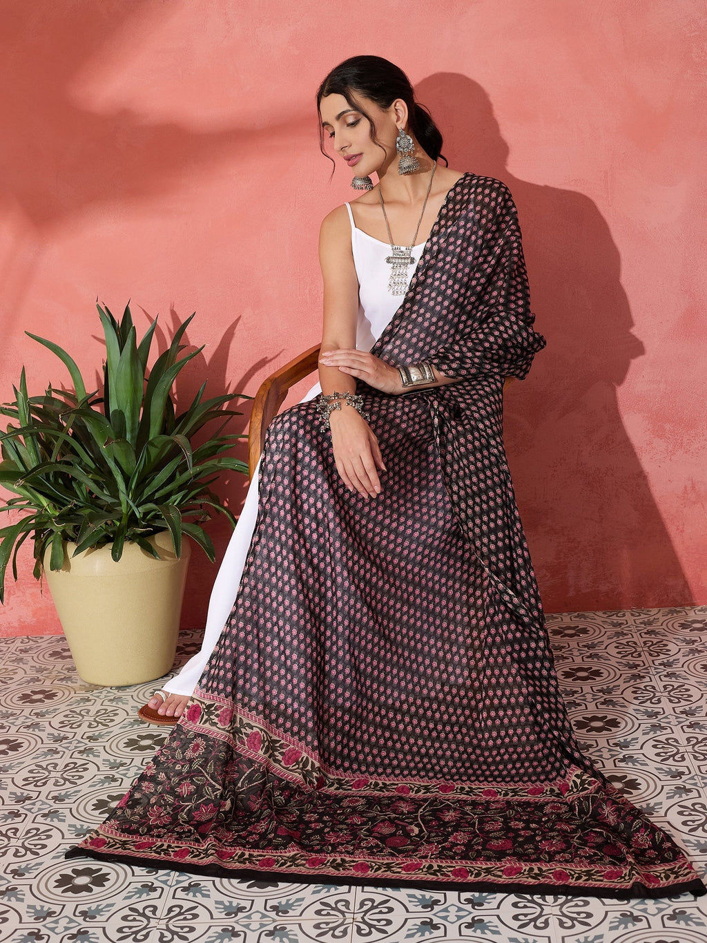 InWeave White Strappy Set With Black Pink Ethnic Print Cotton Dupatta | Grocsy
