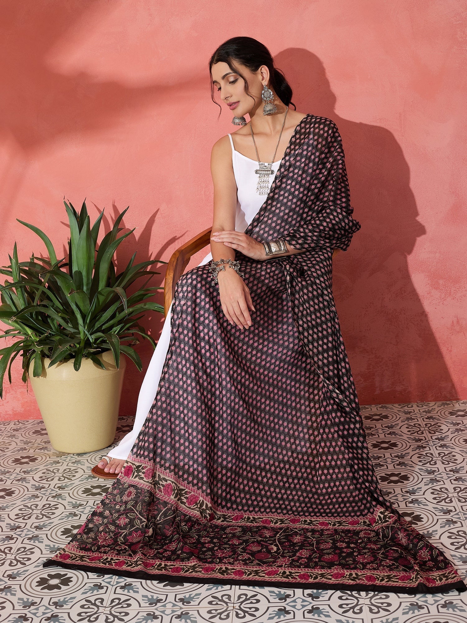 InWeave White Strappy Set With Black Pink Ethnic Print Cotton Dupatta | Grocsy