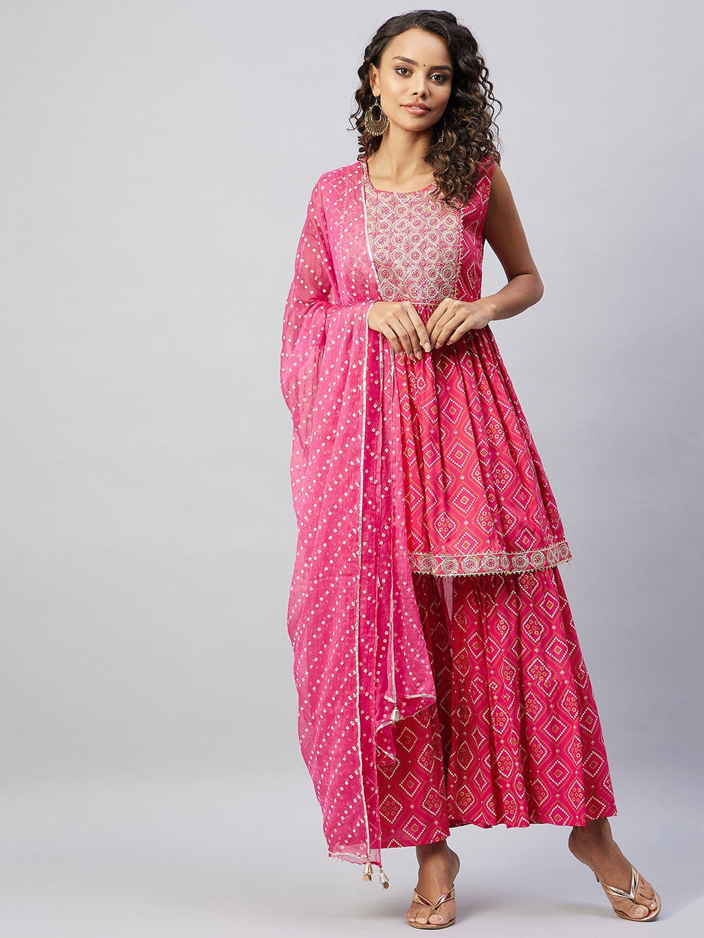InWeave Women's Pink Embroided Bandhani Kurta Sharara Set | Grocsy