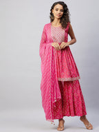 InWeave Women's Pink Embroided Bandhani Kurta Sharara Set | Grocsy