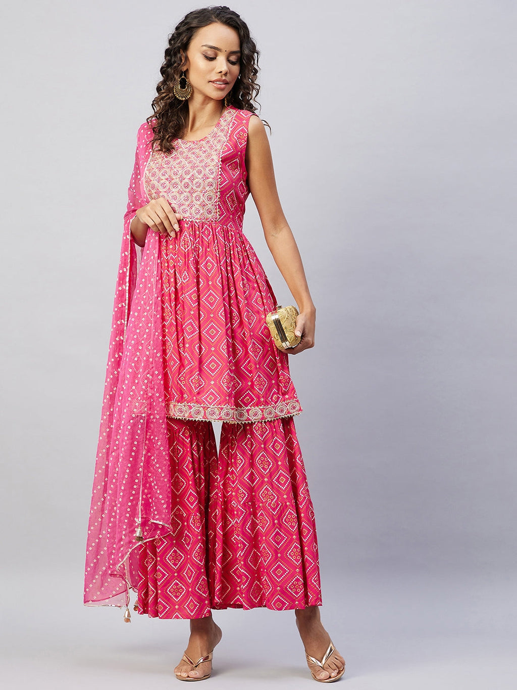 InWeave Women's Pink Embroided Bandhani Kurta Sharara Set | Grocsy