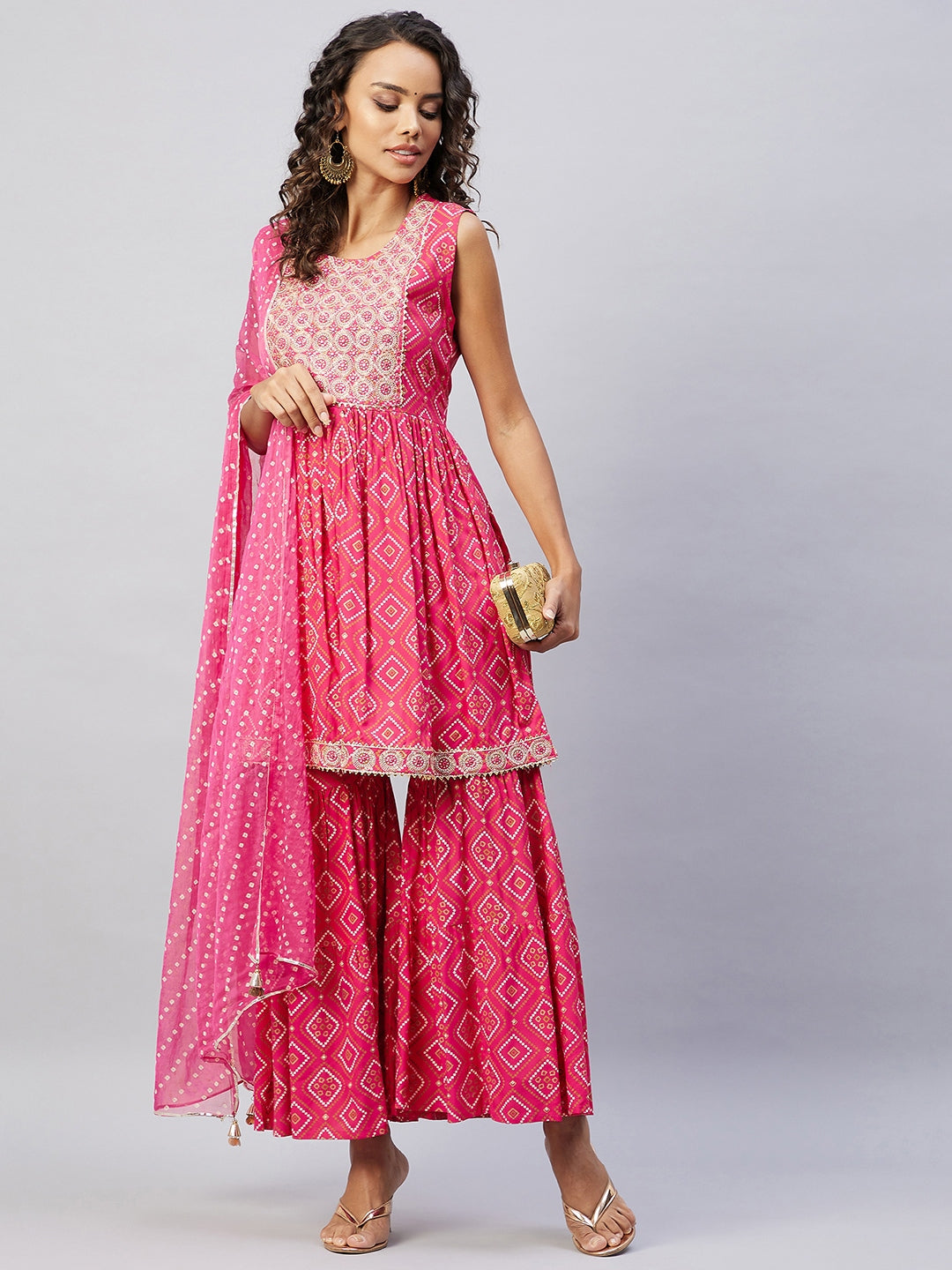 InWeave Women's Pink Embroided Bandhani Kurta Sharara Set | Grocsy