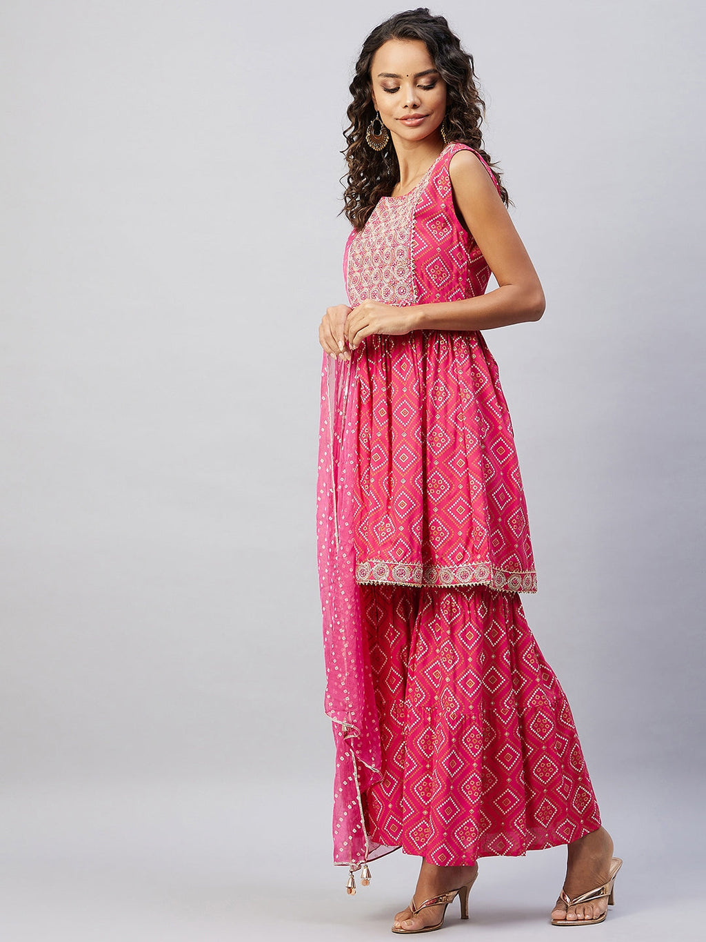 InWeave Women's Pink Embroided Bandhani Kurta Sharara Set | Grocsy