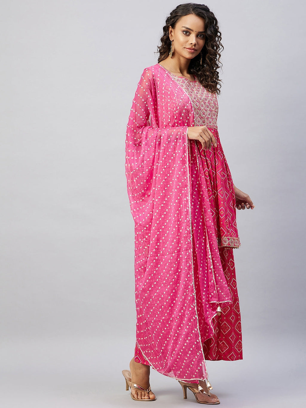 InWeave Women's Pink Embroided Bandhani Kurta Sharara Set | Grocsy