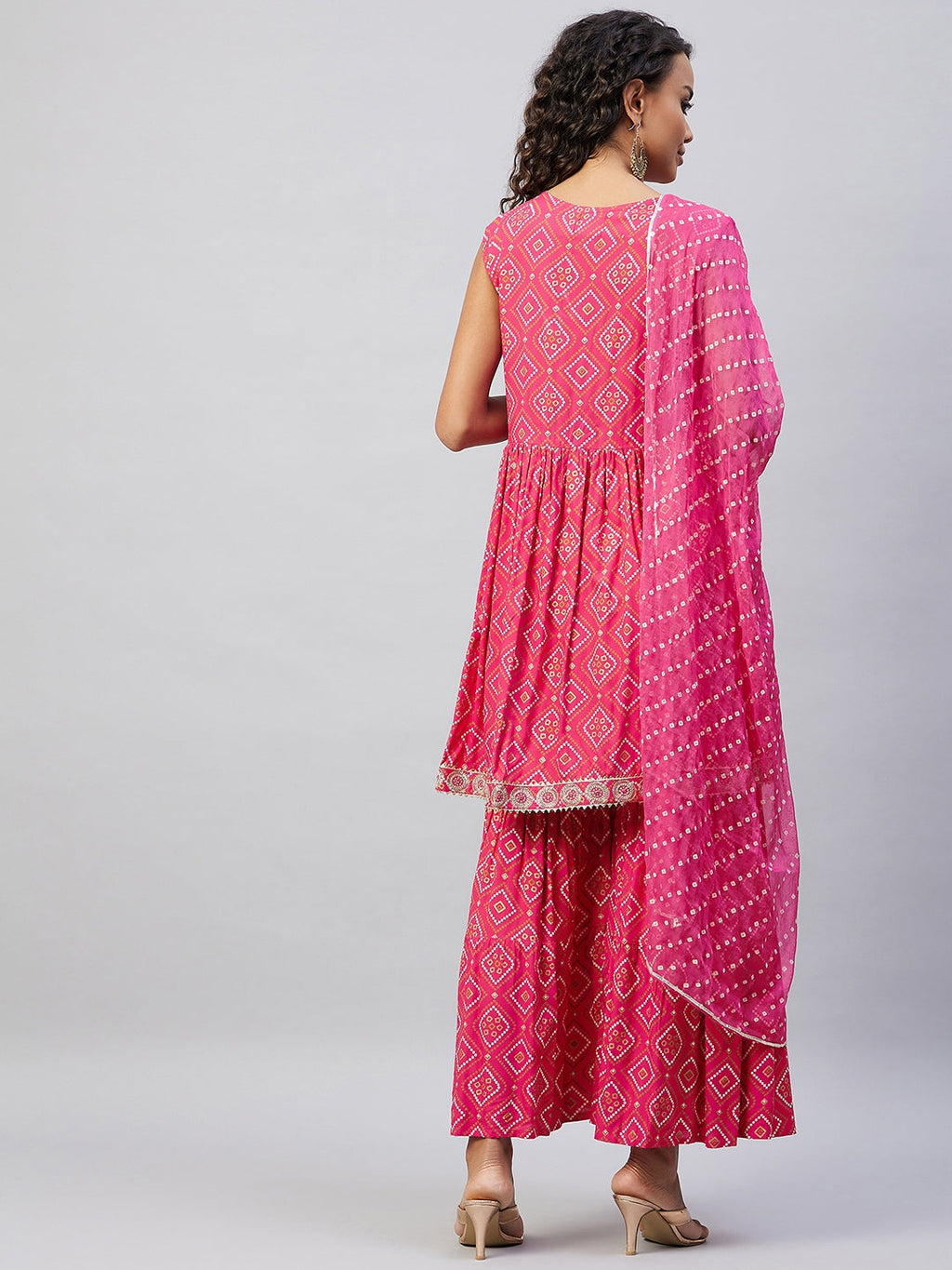 InWeave Women's Pink Embroided Bandhani Kurta Sharara Set | Grocsy