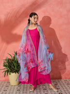 InWeave Fuchsia Strappy Set With Blue Fuchsia Organza Dupatta | Grocsy
