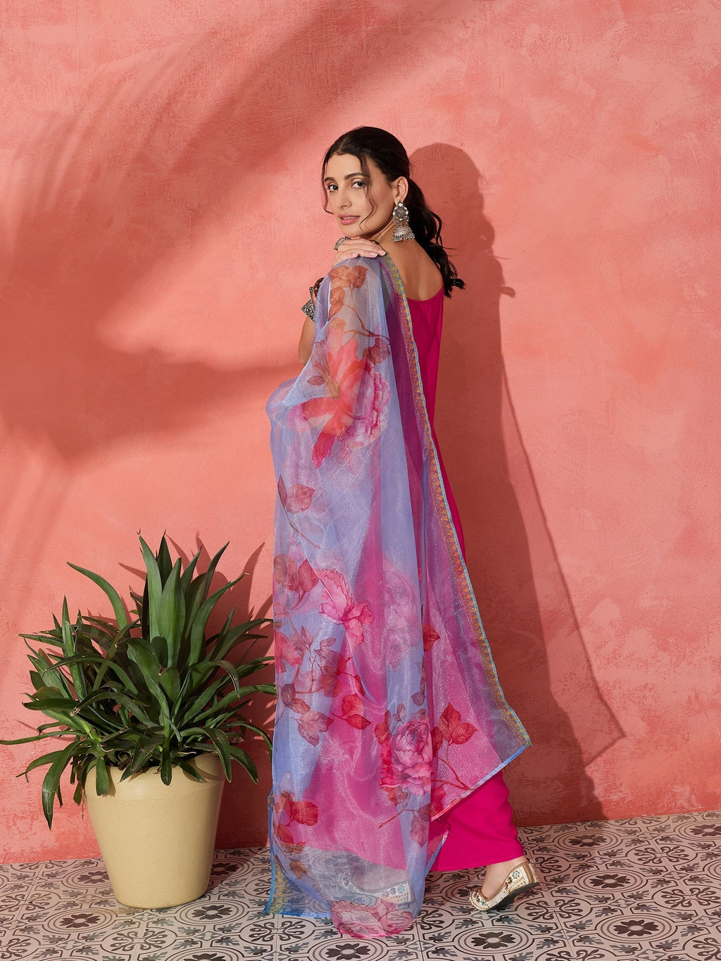 InWeave Fuchsia Strappy Set With Blue Fuchsia Organza Dupatta | Grocsy