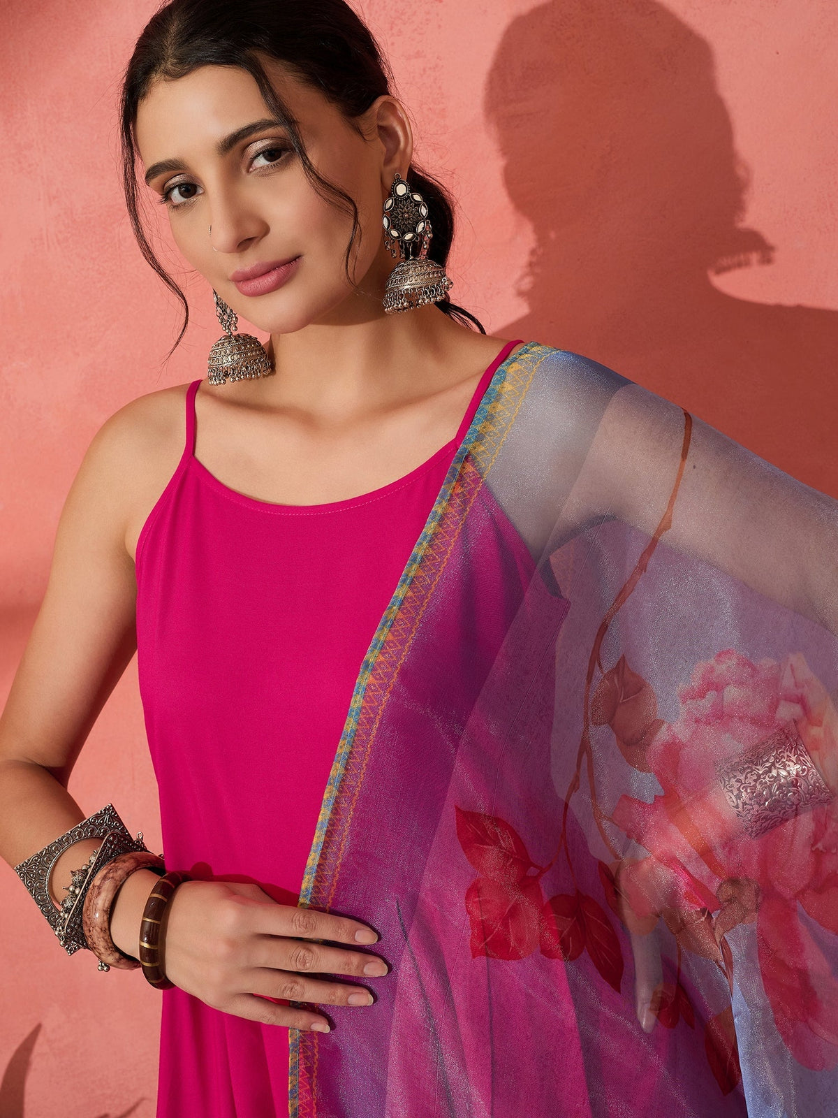 InWeave Fuchsia Strappy Set With Blue Fuchsia Organza Dupatta | Grocsy