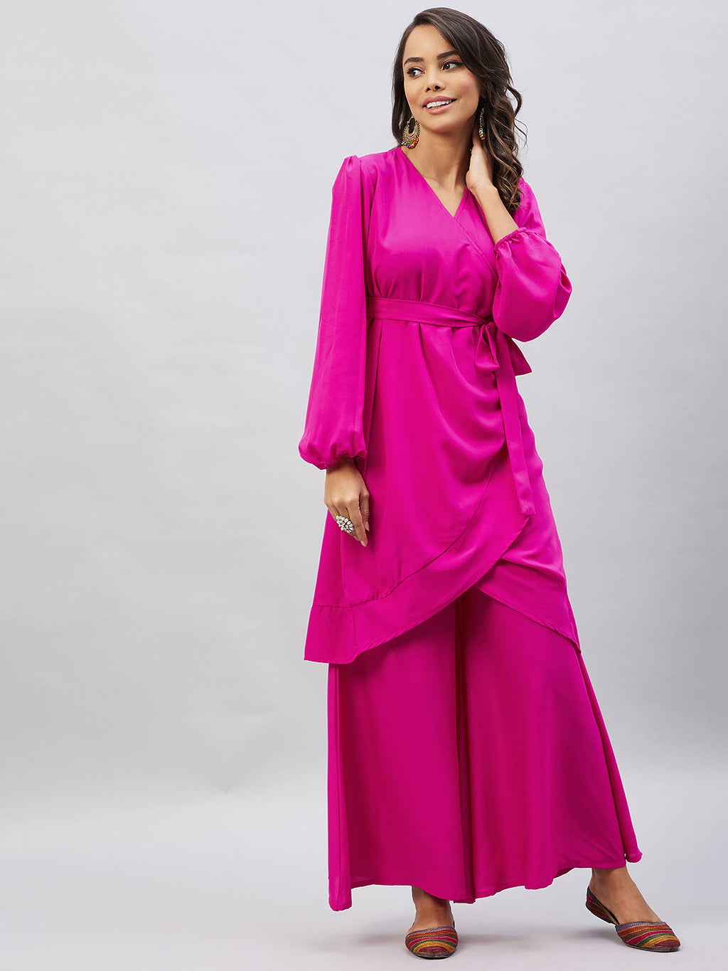 InWeave Women's Magenta Tie Up Kurta Palazzo Set | Grocsy