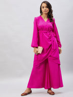 InWeave Women's Magenta Tie Up Kurta Palazzo Set | Grocsy