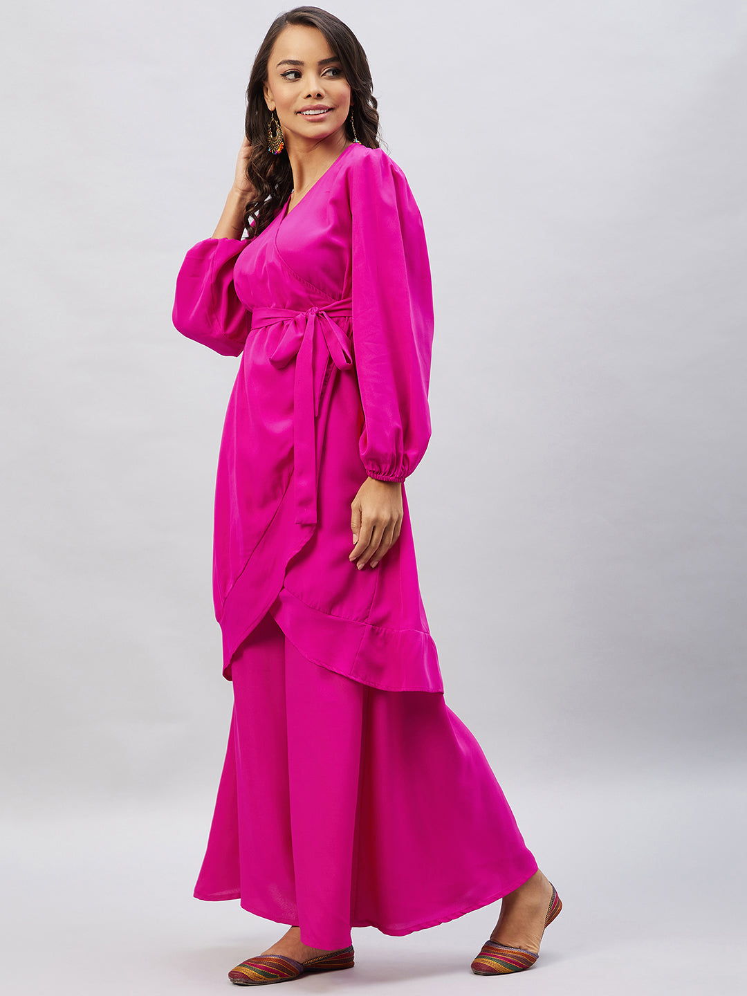 InWeave Women's Magenta Tie Up Kurta Palazzo Set | Grocsy