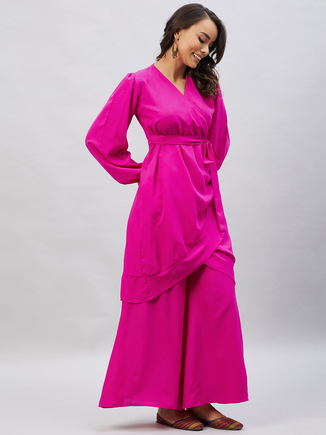 InWeave Women's Magenta Tie Up Kurta Palazzo Set | Grocsy