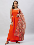 InWeave Women's Orange Strappy Set With Beige Orange Floral Organza Dupatta | Grocsy