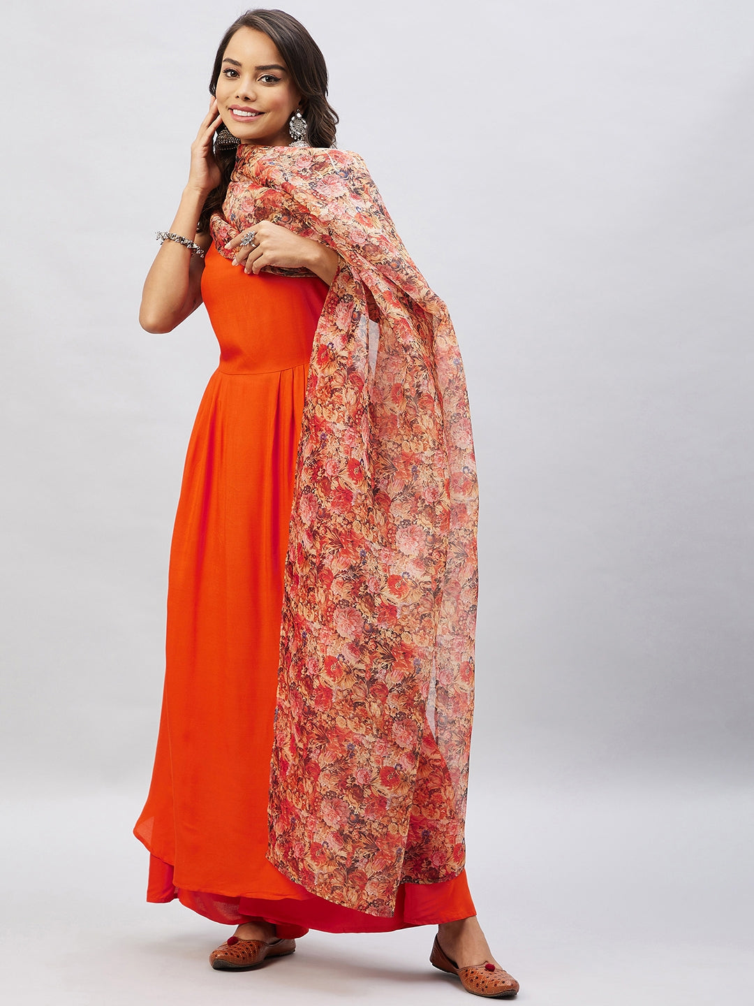 InWeave Women's Orange Strappy Set With Beige Orange Floral Organza Dupatta | Grocsy
