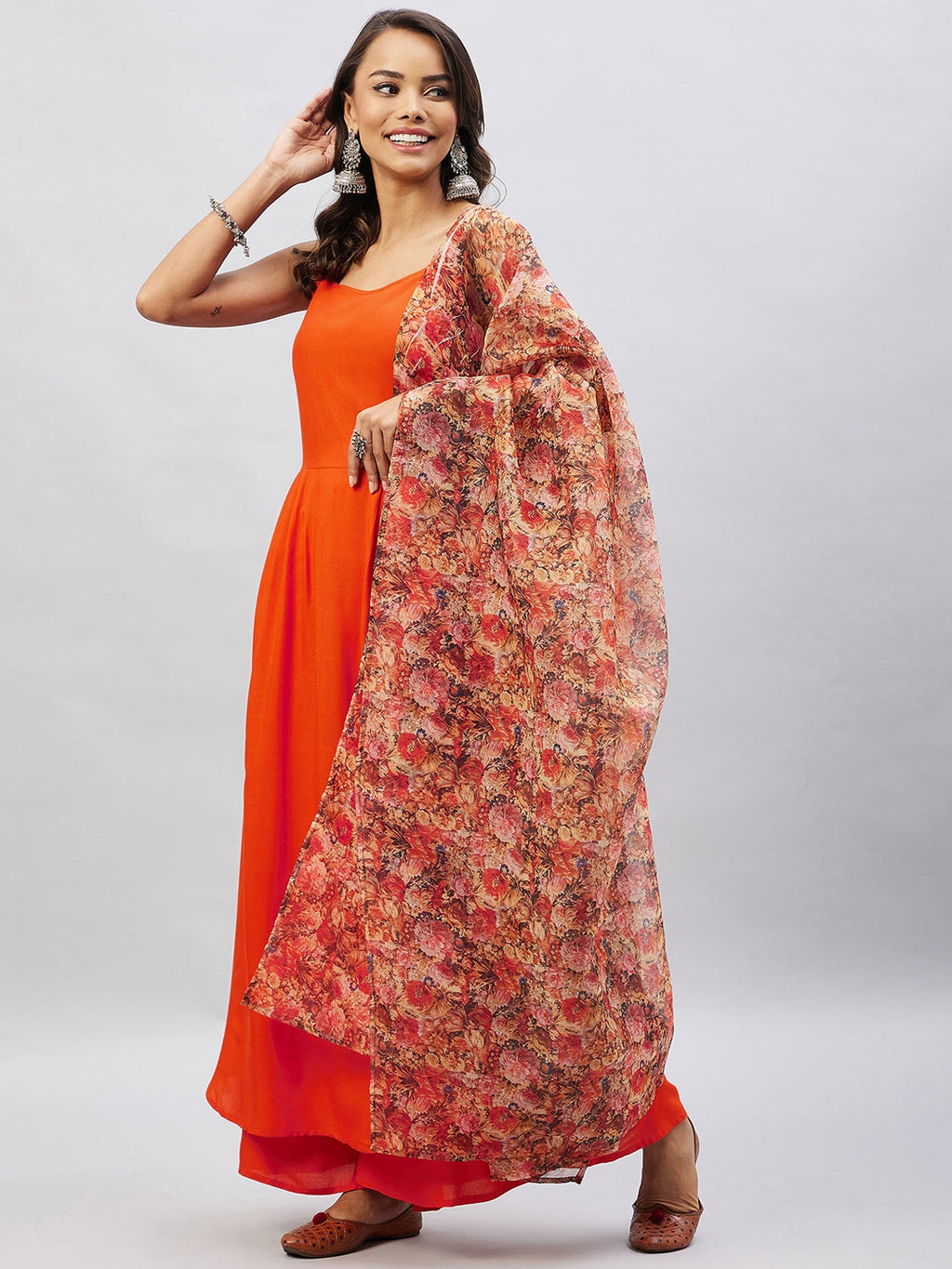 InWeave Women's Orange Strappy Set With Beige Orange Floral Organza Dupatta | Grocsy