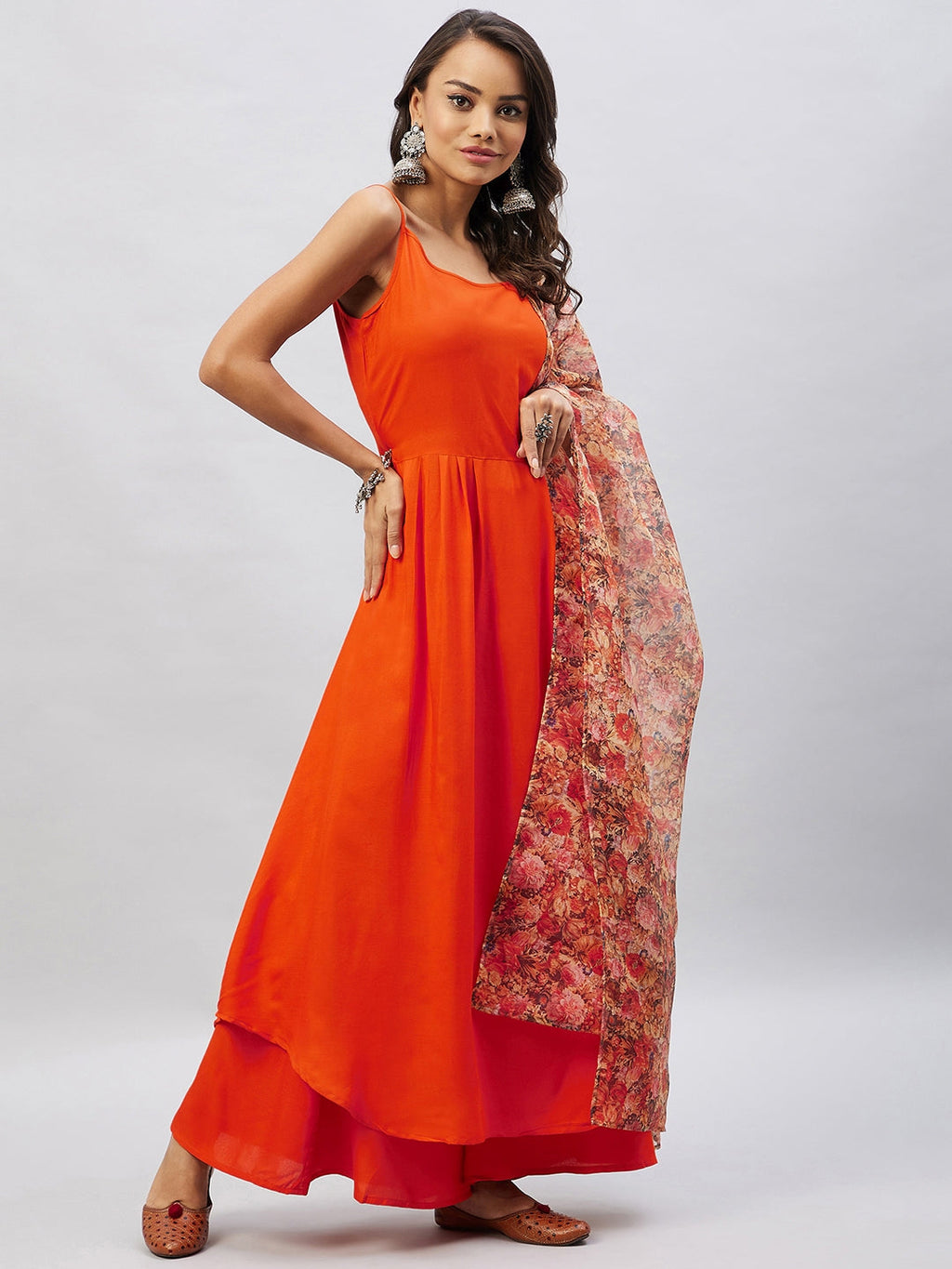 InWeave Women's Orange Strappy Set With Beige Orange Floral Organza Dupatta | Grocsy