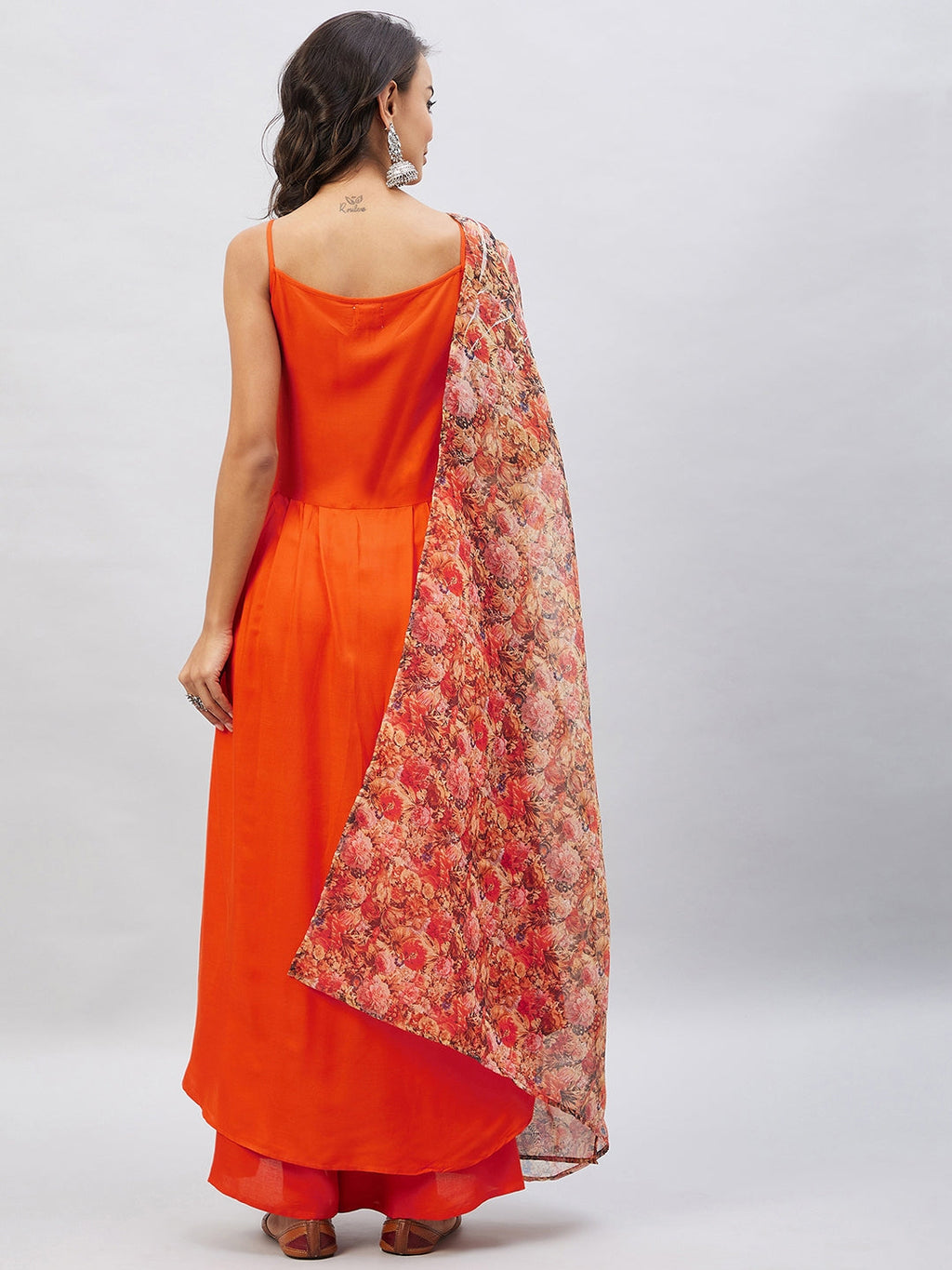 InWeave Women's Orange Strappy Set With Beige Orange Floral Organza Dupatta | Grocsy