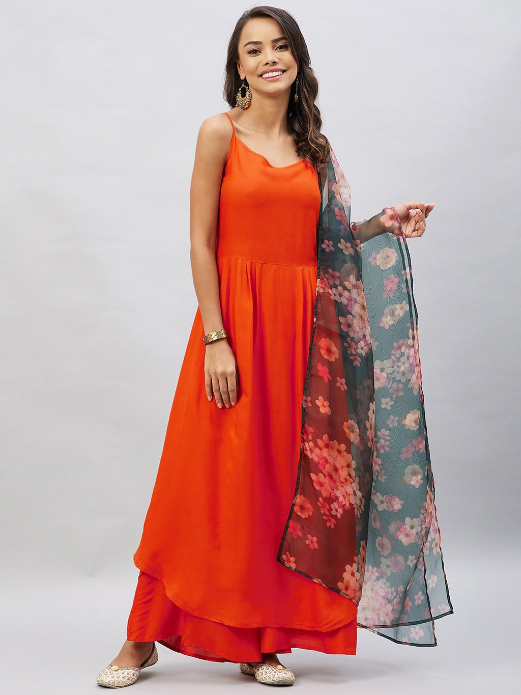InWeave Women's Orange Strappy Set With Black Floral Organza Dupatta | Grocsy