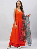 InWeave Women's Orange Strappy Set With Black Floral Organza Dupatta | Grocsy