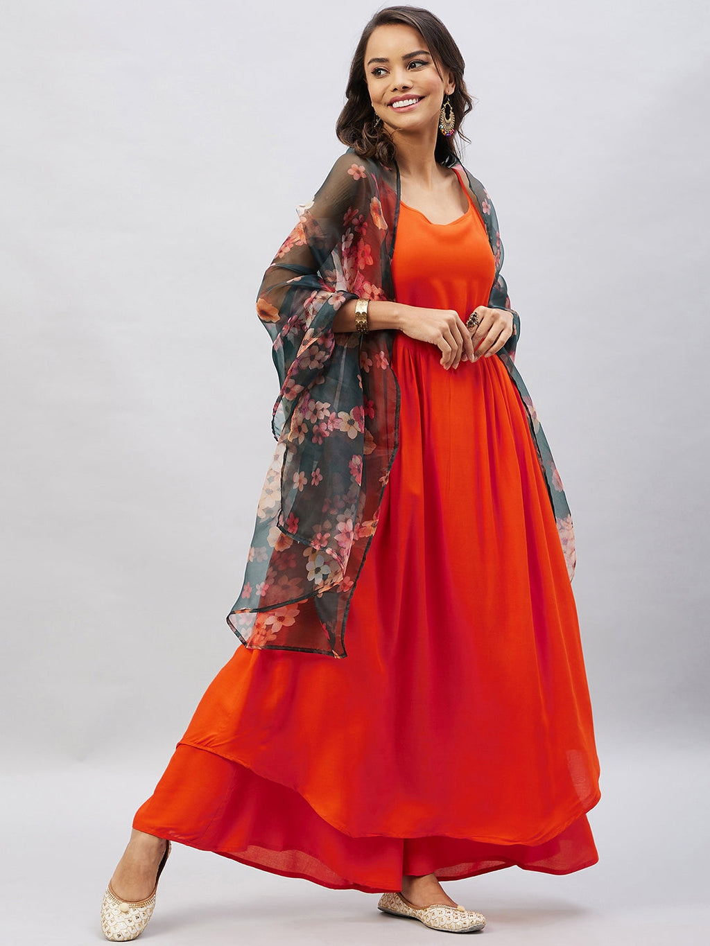 InWeave Women's Orange Strappy Set With Black Floral Organza Dupatta | Grocsy