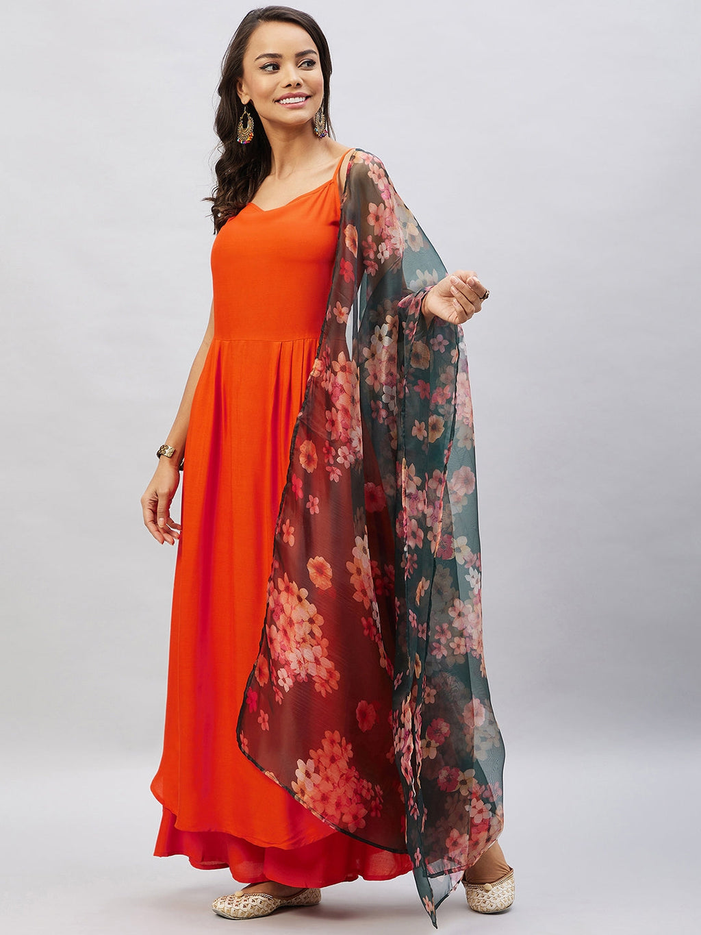 InWeave Women's Orange Strappy Set With Black Floral Organza Dupatta | Grocsy