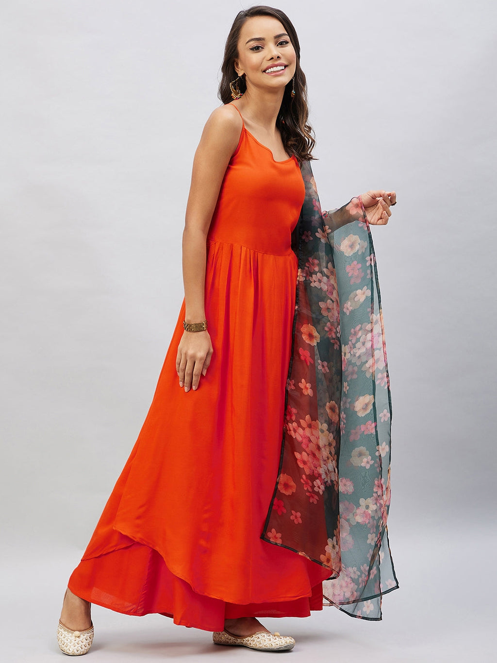 InWeave Women's Orange Strappy Set With Black Floral Organza Dupatta | Grocsy