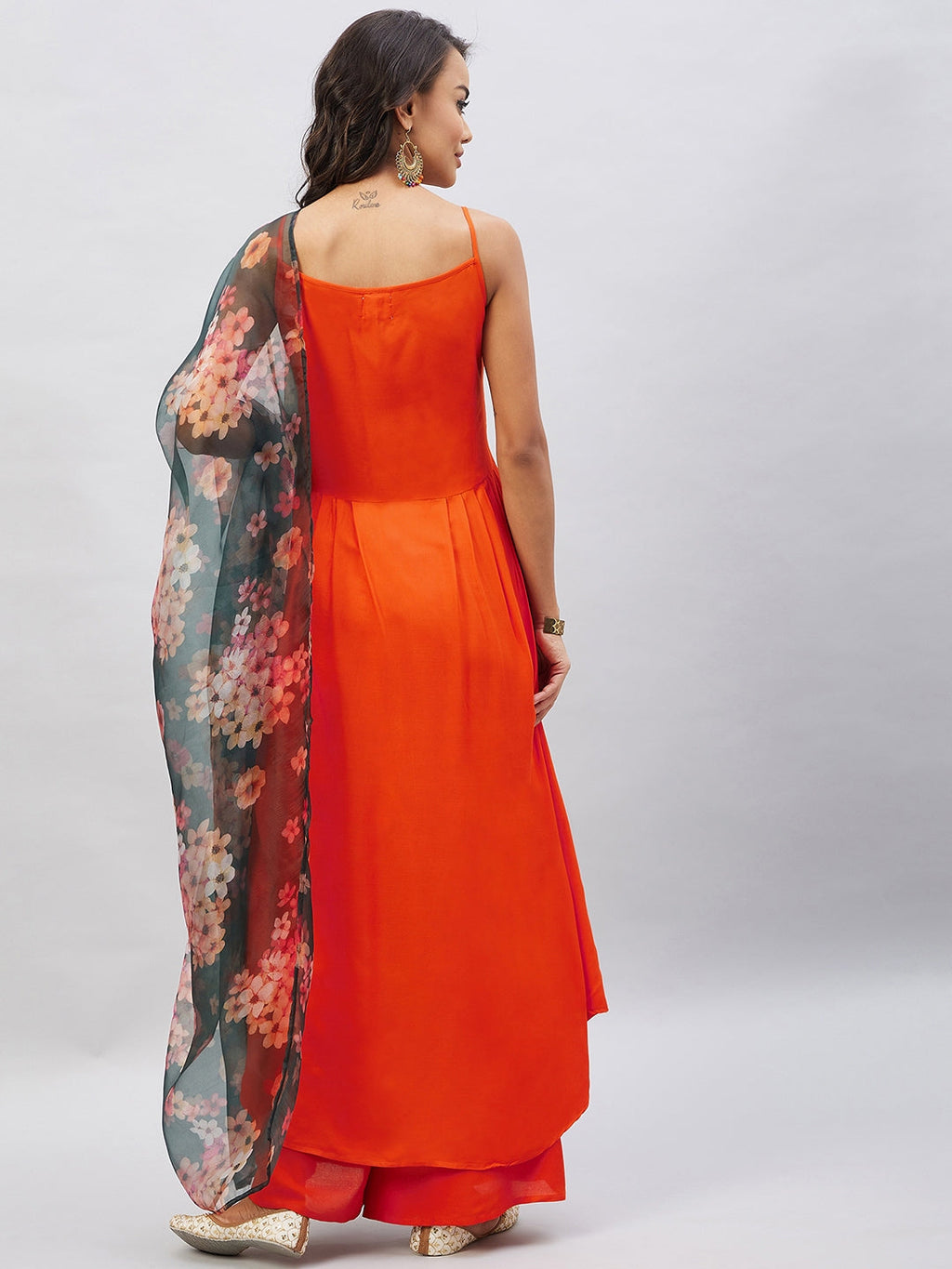 InWeave Women's Orange Strappy Set With Black Floral Organza Dupatta | Grocsy