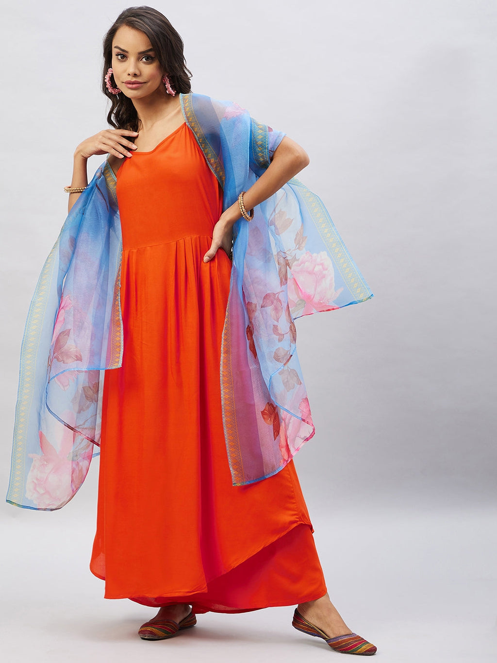 InWeave Women's Orange Strappy Set With Blue Fuchsia Organza Dupatta | Grocsy