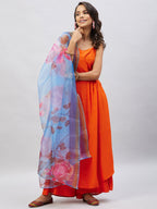 InWeave Women's Orange Strappy Set With Blue Fuchsia Organza Dupatta | Grocsy