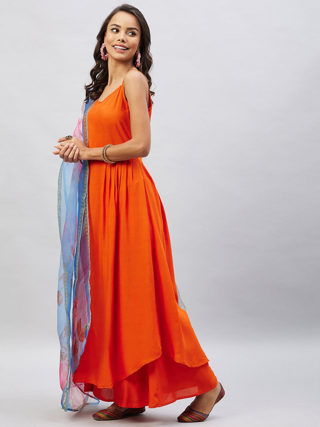 InWeave Women's Orange Strappy Set With Blue Fuchsia Organza Dupatta | Grocsy