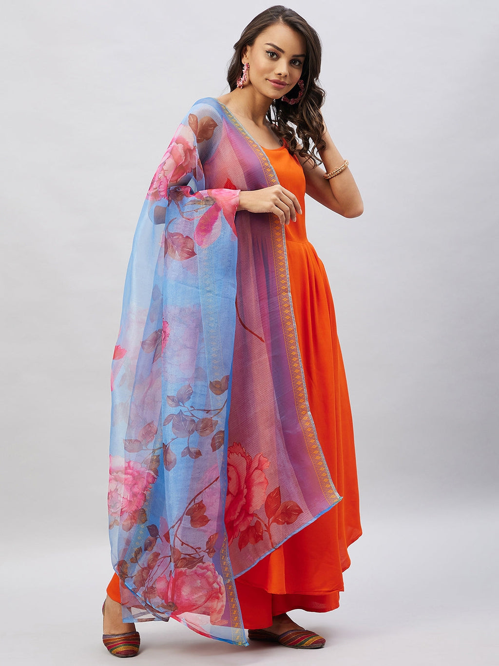 InWeave Women's Orange Strappy Set With Blue Fuchsia Organza Dupatta | Grocsy
