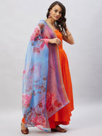 InWeave Women's Orange Strappy Set With Blue Fuchsia Organza Dupatta | Grocsy