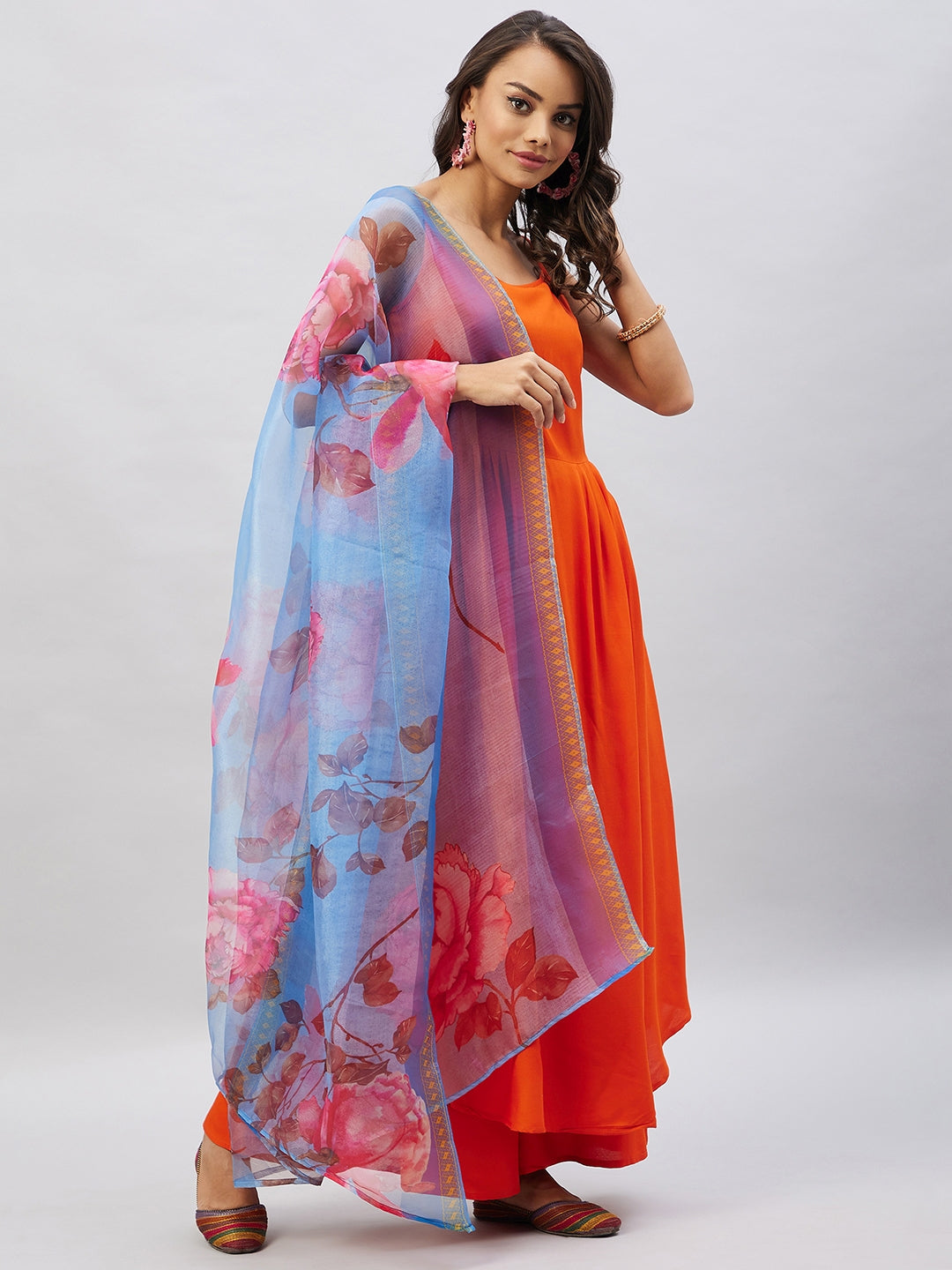 InWeave Women's Orange Strappy Set With Blue Fuchsia Organza Dupatta | Grocsy