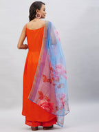 InWeave Women's Orange Strappy Set With Blue Fuchsia Organza Dupatta | Grocsy
