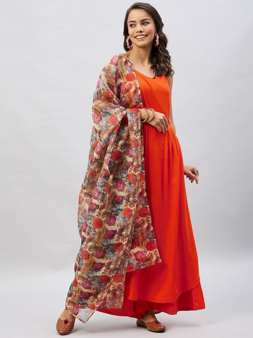 InWeave Women's Orange Strappy Set With Camel Brown Floral Organza Dupatta | Grocsy