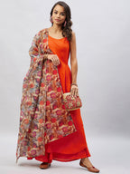InWeave Women's Orange Strappy Set With Camel Brown Floral Organza Dupatta | Grocsy