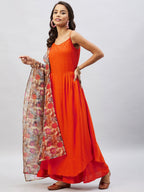 InWeave Women's Orange Strappy Set With Camel Brown Floral Organza Dupatta | Grocsy