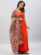 InWeave Women's Orange Strappy Set With Camel Brown Floral Organza Dupatta | Grocsy