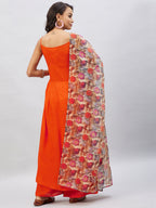 InWeave Women's Orange Strappy Set With Camel Brown Floral Organza Dupatta | Grocsy