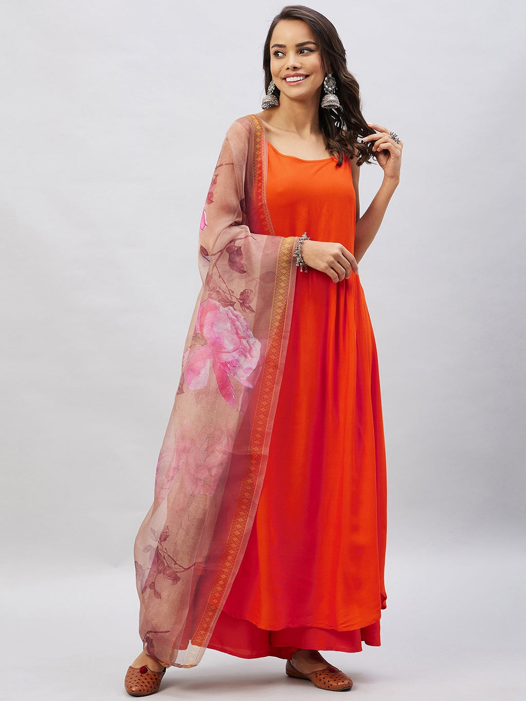 InWeave Women's Orange Strappy Set With Gold Pink Organza Dupatta | Grocsy