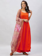 InWeave Women's Orange Strappy Set With Gold Pink Organza Dupatta | Grocsy