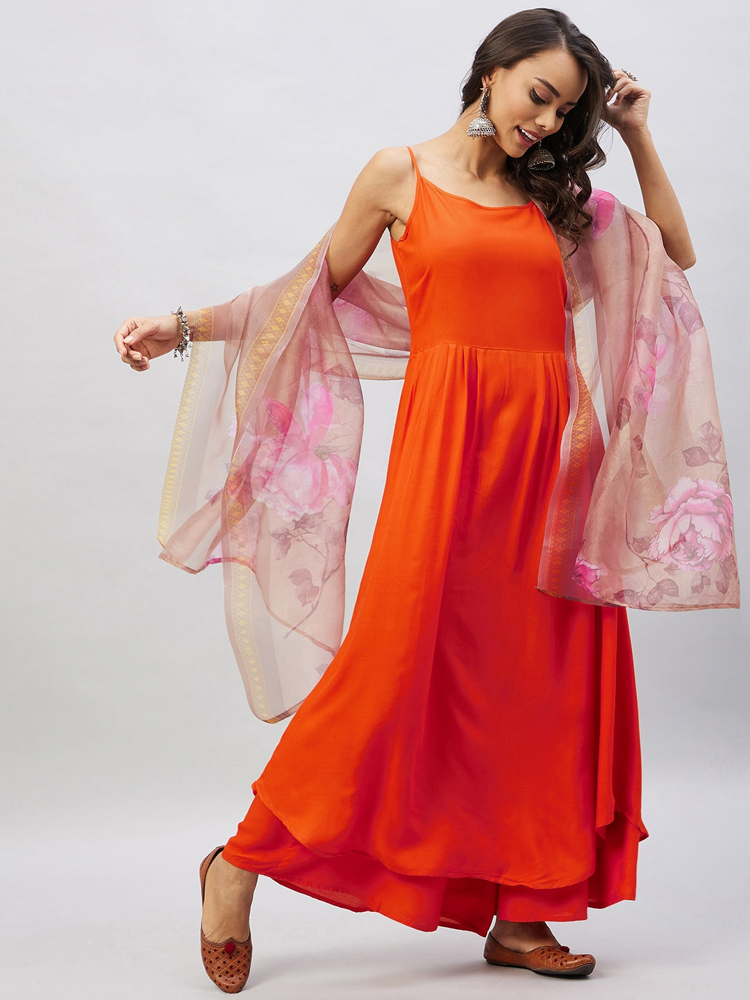 InWeave Women's Orange Strappy Set With Gold Pink Organza Dupatta | Grocsy