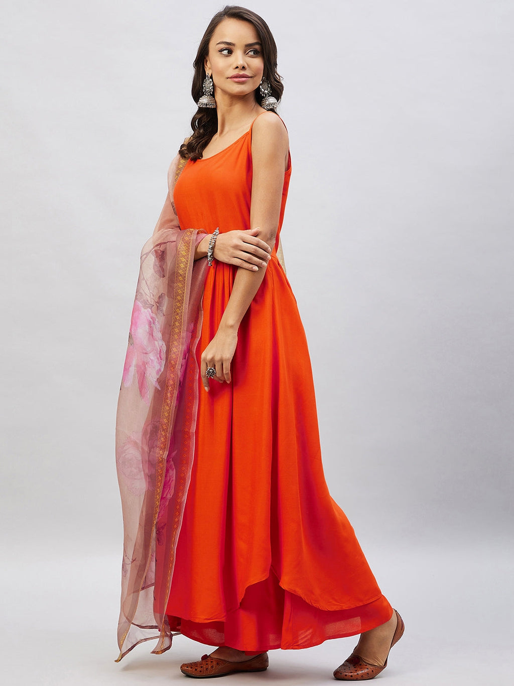 InWeave Women's Orange Strappy Set With Gold Pink Organza Dupatta | Grocsy