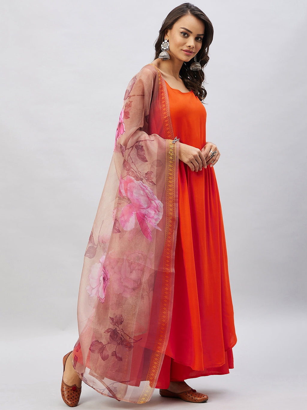 InWeave Women's Orange Strappy Set With Gold Pink Organza Dupatta | Grocsy