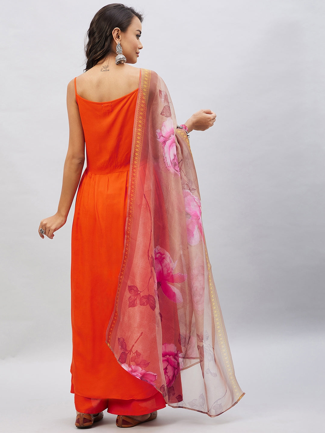 InWeave Women's Orange Strappy Set With Gold Pink Organza Dupatta | Grocsy