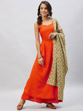 InWeave Women's Orange Strappy Set With Light Green Orange Print Dupatta | Grocsy